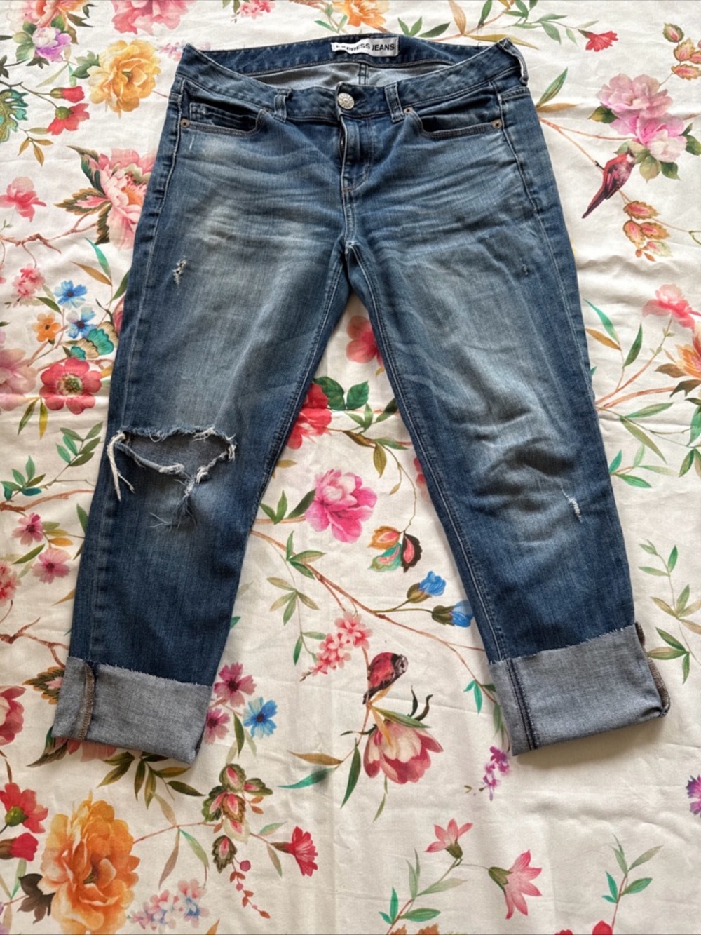 Distressed Blue Women’s Jeans by Express - Cropped Cuff size 4 modern boyfriend